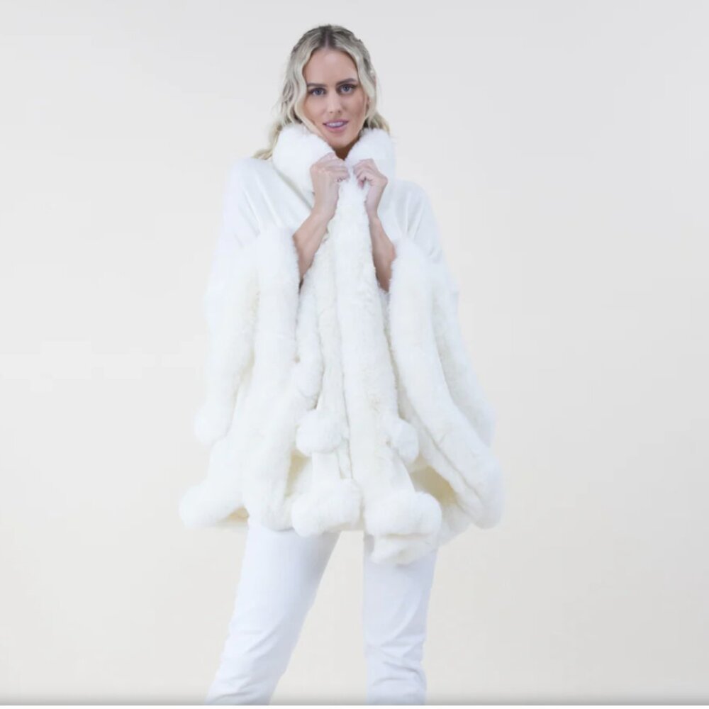 Double Layer Imitated Rex Fur Cape Coat Hooded Shawl Winter Women Knit WHIITE